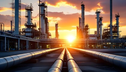 Wall Mural - Industrial pipeline leading to an oil refinery with petrochemicals and an oil and gas plant silhouetted against a vibrant sunset backdrop