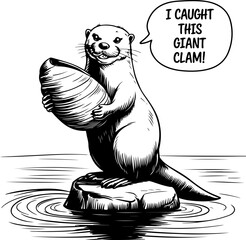 Poster - Cartoon Otter Holding Giant Clam in Water Scene