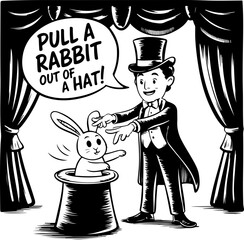 Magician Pulling Rabbit from Hat in Black and White