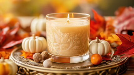 A beautifully crafted candle with delicate engravings is placed on an ornate, gold-rimmed tray