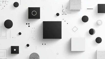 Abstract background with geometric shapes, cubes, and spheres on a white background.