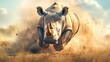 © Alice a. - A rhino is running through the desert, kicking up a cloud of dust. The scene is intense and dramatic, with the rhino's powerful movements and the swirling dust creating a sense of motion and energy