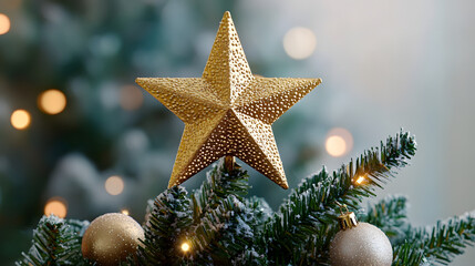 Poster - A gold star is on top of a Christmas tree