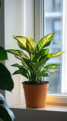 Canvas Print - a potted dumb cane plant by the window in minimalist style of indoor plants