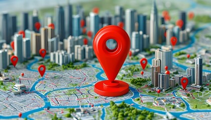 Red location pin on an urban map symbolizing navigation and precise destination finding in a modern cityscape