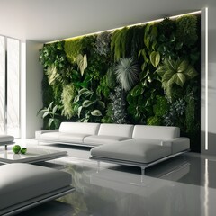 futuristic living room with vertical garden inside as a decorations,