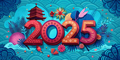 Wall Mural - 2025 new year neon abstract background with fireworks