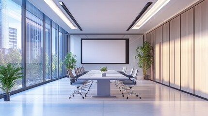 Modern and Minimalist Corporate Conference Room with Large Projection Screen