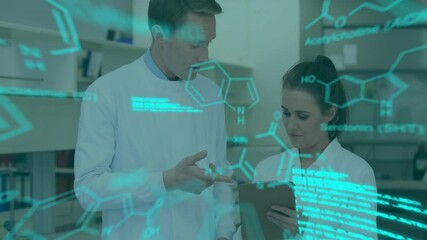 Poster - Animation of data processing and chemical formula over diverse scientists working in lab