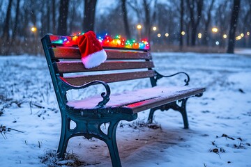 A bench decorated with colorful Christmas lights and wearing a Santa hat, set against a snowy park background with heavy snowfall