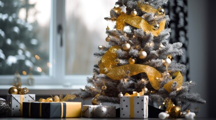 Wall Mural - Christmas Tree with Gold and Silver Ornaments and Gifts