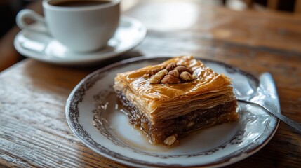 Wall Mural - Bosnian baklava is a dense, sweet pastry delicacy consisting of layers of filo pastry filled with chopped nuts, sweetened, and sealed with syrup. A classic Turkish coffee is behind it.