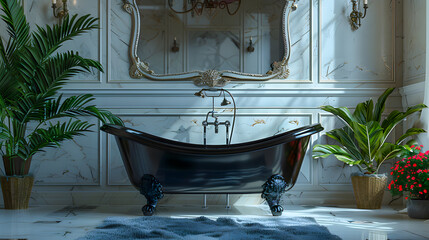 Sticker - Luxury antique bathroom featuring a deep black tub, plush carpet, potted plants, a white wall mirror, and copy space