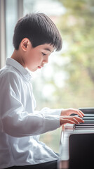 Wall Mural - Chinese Boy practicing a musical piece on a piano,