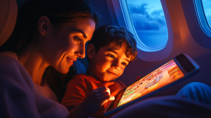 Poster - Close-up of a mother and child playing a game on a tablet inside an airplane