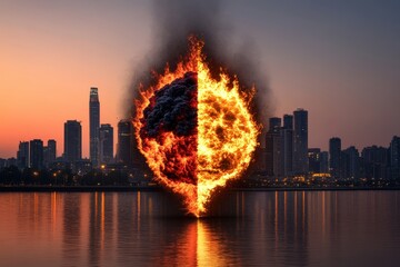 A captivating image of a flaming globe split by a city skyline at sunset, evoking themes of contrast and transformation.