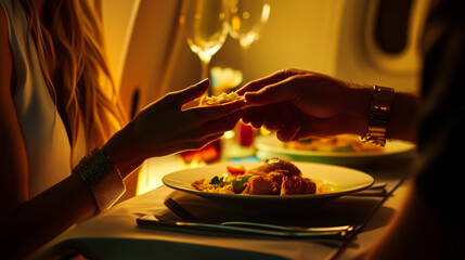 Wall Mural - Couple sharing a meal on a plane