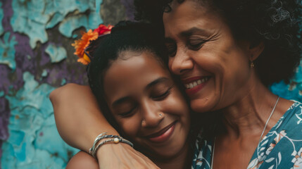 A grandmother and her granddaughter share a tender moment filled with joy and love in a sunny outdoor environment.