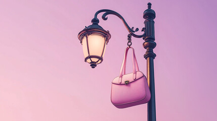 Designer handbag hanging from a vintage street lamp