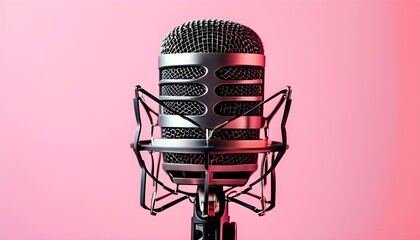 Retro microphone against a vibrant pink backdrop, ideal for music, podcasting, and artistic endeavors