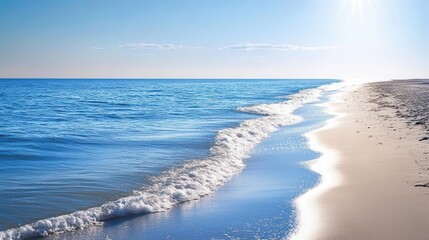 Gentle ocean breeze sweeping across a calm beach, soft waves lapping at the shore, sunlight reflecting off the water, peaceful and serene coastal scene