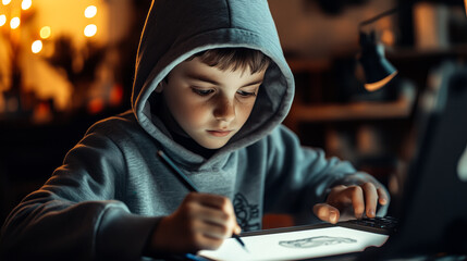 Poster - European Boy drawing on a graphic tablet