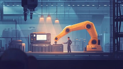 Poster - Robot arm assists worker in modern factory setting during evening shift, showcasing advanced automation technology in action