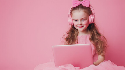 Wall Mural - Girl wearing pink dress studying on a laptop with headphones