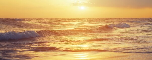 Wall Mural - Sunset over the ocean with a light breeze, golden waves shimmering in the fading light, the air filled with the soft sound of the wind and water