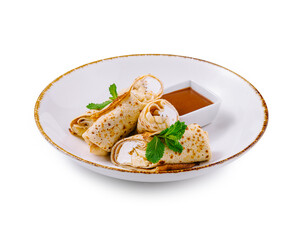 Pancakes with cottage cheese and banana slices lying on white plate