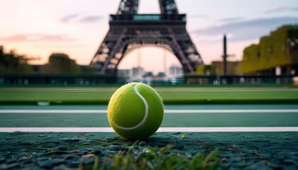 Wall Mural - Tennis ball resting on the ground with the iconic Eiffel Tower softly blurred in the background