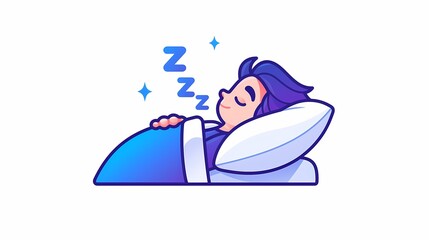 Minimal 2D sleeping person icon with blanket and 'Zzz'.