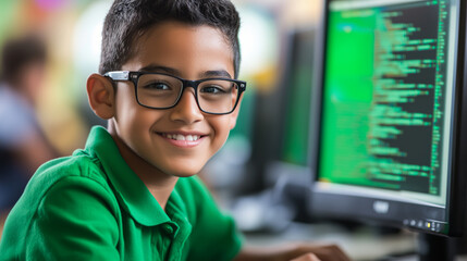 Poster - Hispanic Boy coding on a desktop computer, wearing glasses and a green polo