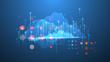 Aufkleber - Big Data. Abstract digital futuristic wireframe vector illustration on technology background. Data mining and management concept. Hand drawn art.