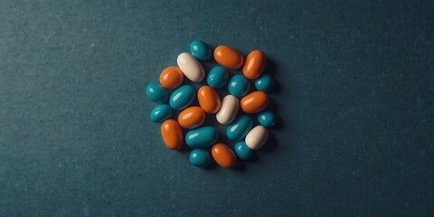 Top view of pills with gender symbols for male and female on a blue background representing health concerns and infertility with copy space image.