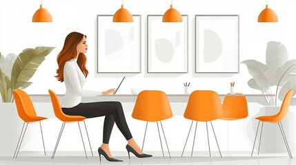 Business Woman Working in Modern Office Interior with Orange Decor