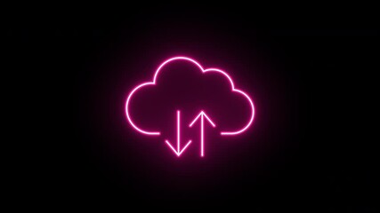 Wall Mural - Neon cloud icon animation, flickering emergence and fading. Glowing neon cloud storage with arrows, looped animation. Cloud space and technology, data backup, file repository. Red, pink, magenta