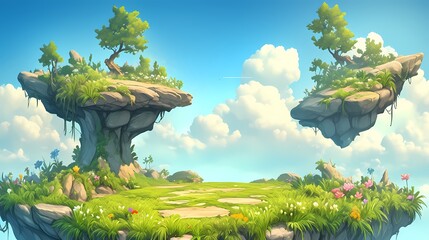 Wall Mural - Casual game battle scene: bright hills, flowers, and a grassy platform.