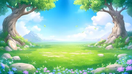 Wall Mural - Vibrant 2D landscape for battle: rolling hills, colorful flowers, and rocks.