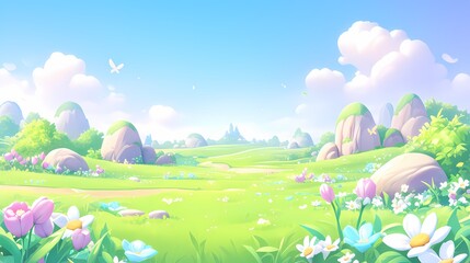 Wall Mural - Fun game battle background: green hills, flowers, and grassy platform.