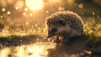 Close-up of a hedgehog drinking water from a small puddle, delicate dew drops on the grass sparkling in morning sunlight