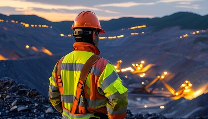 Wall Mural - Overlooking a mining operation at dusk with a worker in high-visibility gear