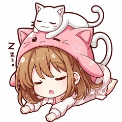 Wall Mural - Simple cat face down, pink sleep hat, kawaii vector, plain white bg.