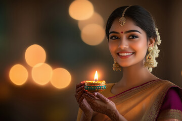 Wall Mural - happy indian woman holding oil lamp on diwali festival