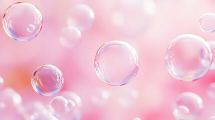 Wall Mural - Aesthetic transparent soap bubbles floating on a pastel pink background. Detergents and cleaning products. Generative AI