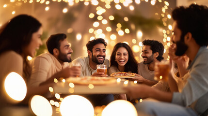 young indian friends eating pizza together at restaurant