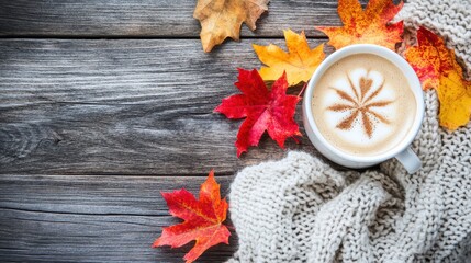 Wall Mural - Cozy Autumn Afternoon with Coffee and Leaves