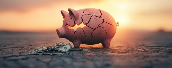 A broken piggy bank amidst scattered cash, symbolizing financial struggles and the importance of saving in uncertain times.