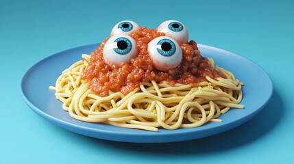 A creative Halloween dish featuring spaghetti with tomato sauce and eyeballs on top to simulate meatballs, placed on a blue plate.