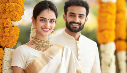 Canvas Print - young indian couple standing together at home